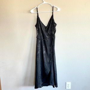 Black Satin Midi Wrap Tank Dress with Floral Detail